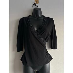 Vintage y2k Black Wrap Top Lace Beaded Sequin  Blouse Small